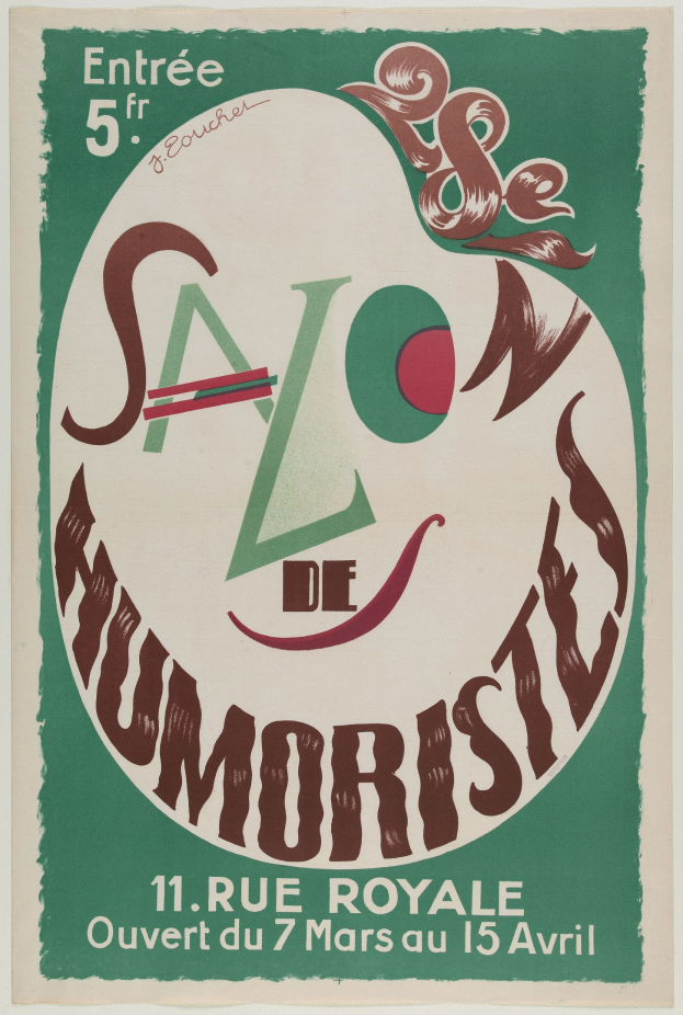 Plakat, das eine Humoristensalonshow in Paris, Frankreich, ankündigt, mit Text, der die Angebote beschreibt.