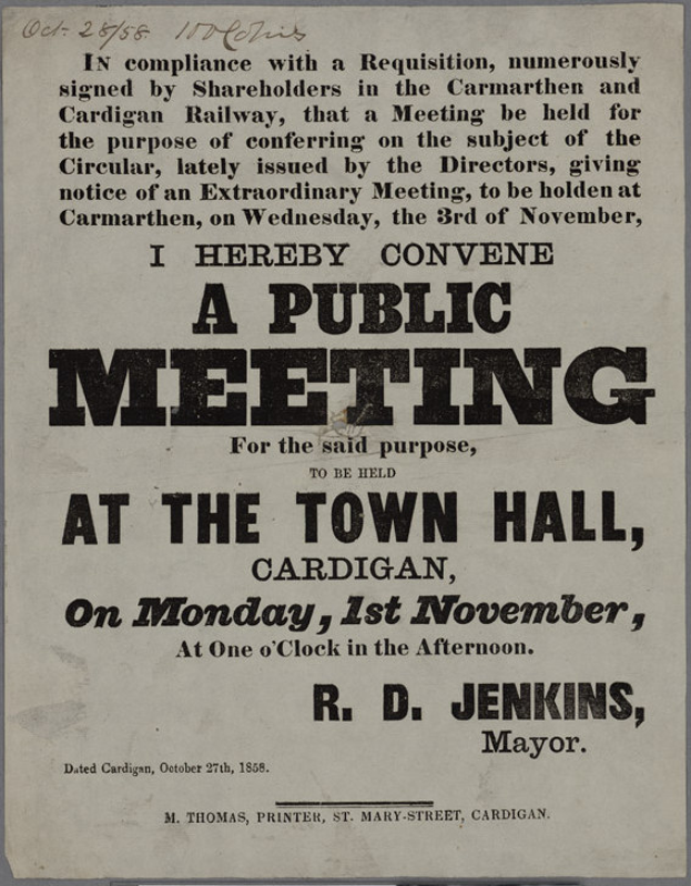 Eine Ankündigung für eine öffentliche Versammlung im Rathaus in Cardigan am Montag, den 1. November 1858, mit Text, der das Ereignis beschreibt.