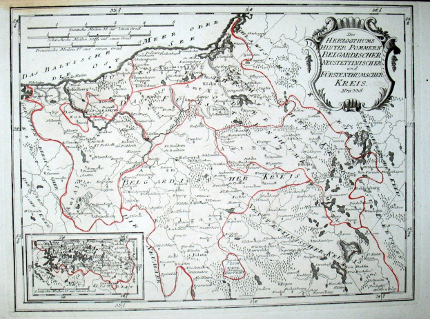 Alte Deutschlandkarte mit einer roten Linie darauf, auf Papier gedruckt mit handgeschriebener Text.