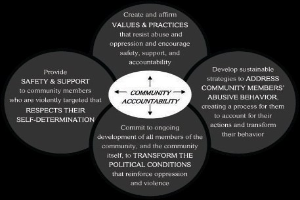 Diagramm, das "Gemeinschaftsverantwortung" in der Mitte von drei miteinander verbundenen Kreisen zeigt, verbunden durch Pfeile, mit fetter Schrift und leuchtenden Farben.