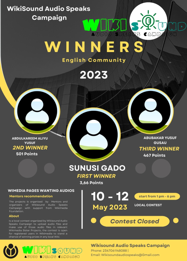 Buntes Plakat für die Wikisound Audio Spricht Kampagne mit blauem Hintergrund, gelbem und weißem Text, der "Sieger" in fetten Großbuchstaben lautet, und mehreren lächelnden Menschen in der Mitte, die die Kampagne gewinnen feiern.