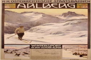 Ein Plakat, das Wintersport in den österreichischen Alpen bewirbt, mit einem Skifahrer und Bildern von Menschen und Bergen sowie begleitendem Text.