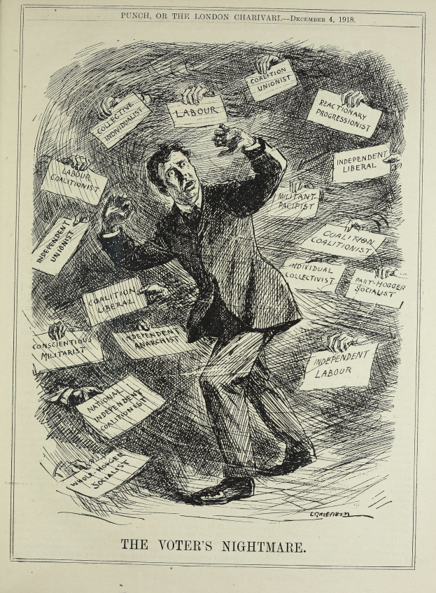 Ein Blatt mit einer Zeichnung eines Mannes im Anzug und Krawatte, der ein Schild hält, auf dem steht "Der Albtraum des Wählers", mit entschlossener Miene und selbstbewusster Haltung.