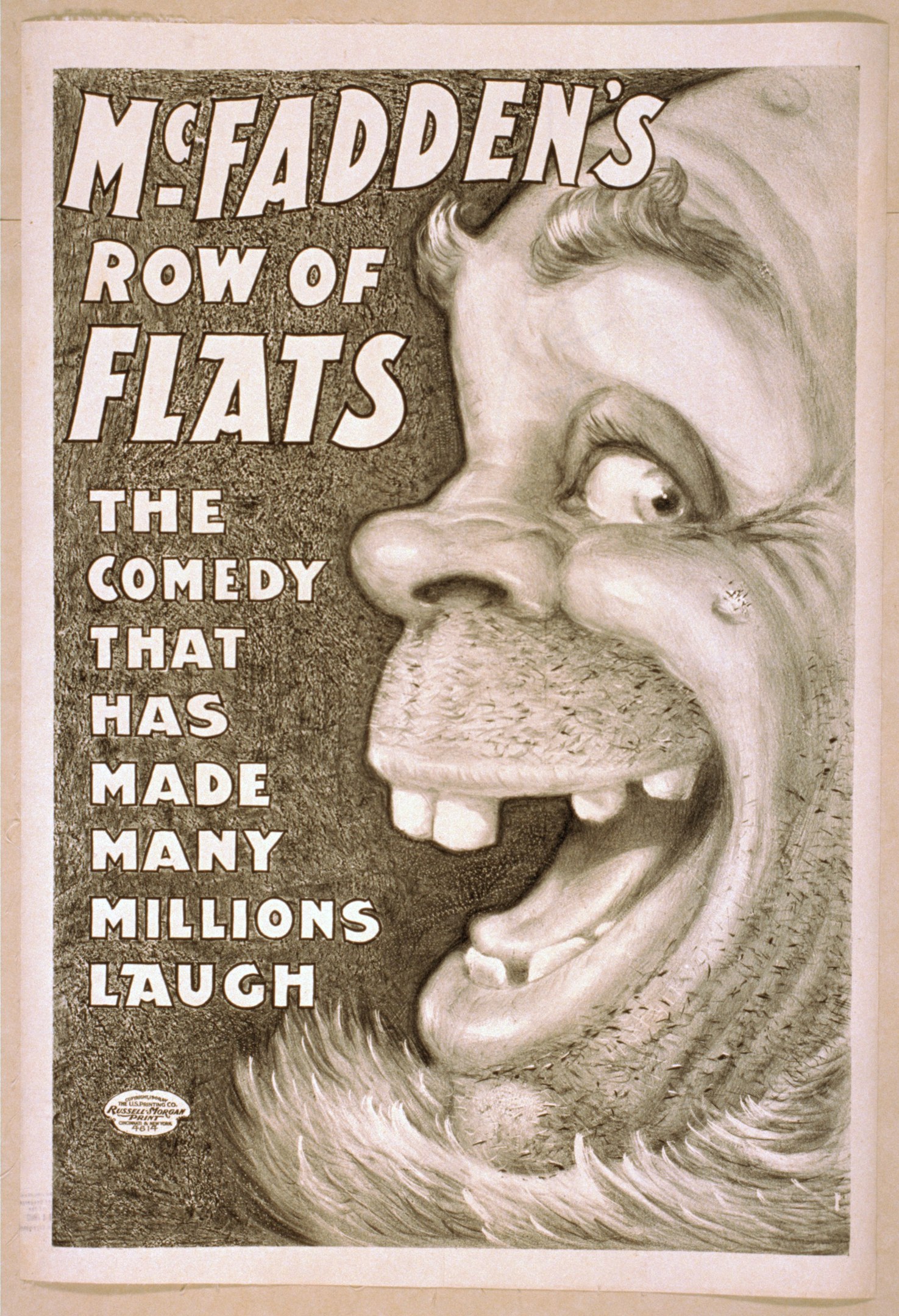 Plakat einer lachenden Person mit wilden Haaren, weit aufgerissenen Augen und einem breiten Grinsen, vor einem hellgelben Hintergrund, mit dem Text 'McFadden's Row of Flats: The Comedy That Has Made Many Millions Laugh.'