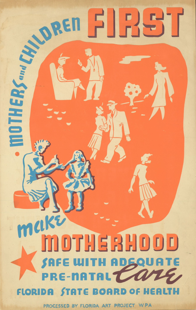 Plakat mit fettem weißen Text auf einem hellblauen Hintergrund, der "Mutterschaft durch ausreichende Vorsorge sichern" über Bilder von strahlenden Menschen verschiedenen Alters, Geschlechts und Ethnien zeigt.