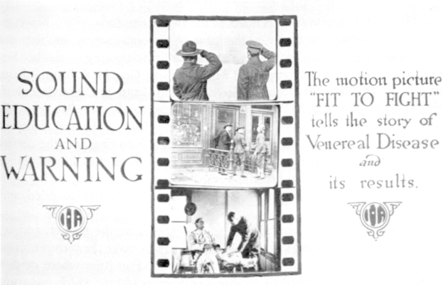 Schwarzes und weißes Poster mit einer Gruppe von verstörten Menschen in einem Raum, das den Text 'Sound Education and Warning' oben enthält.