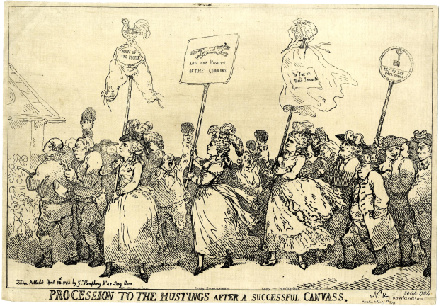 Schwarz-weiß-Illustration einer Menge von Menschen mit Schildern, betitelt "Prozession zum Wahlkreis nach einem erfolgreichen Wahlkampf."