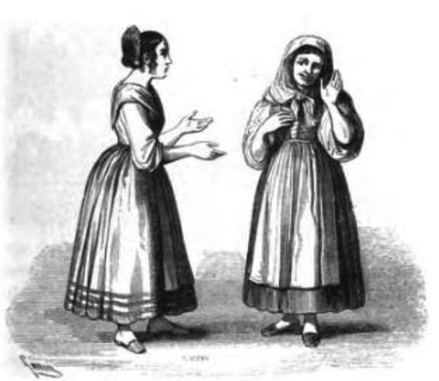 Zwei Frauen in 19. Jahrhundert-Kleidern, die stehen und sich unterhalten, mit Text unten: "Frauen des 19. Jahrhunderts."