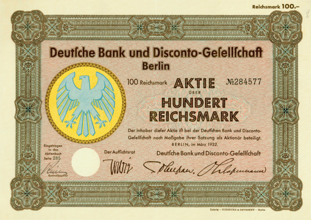 Alte deutsche Banknote mit einer Vogeldarstellung und dem Text "Deutsche Bank und Disconto-Gesellichaft Berlin".