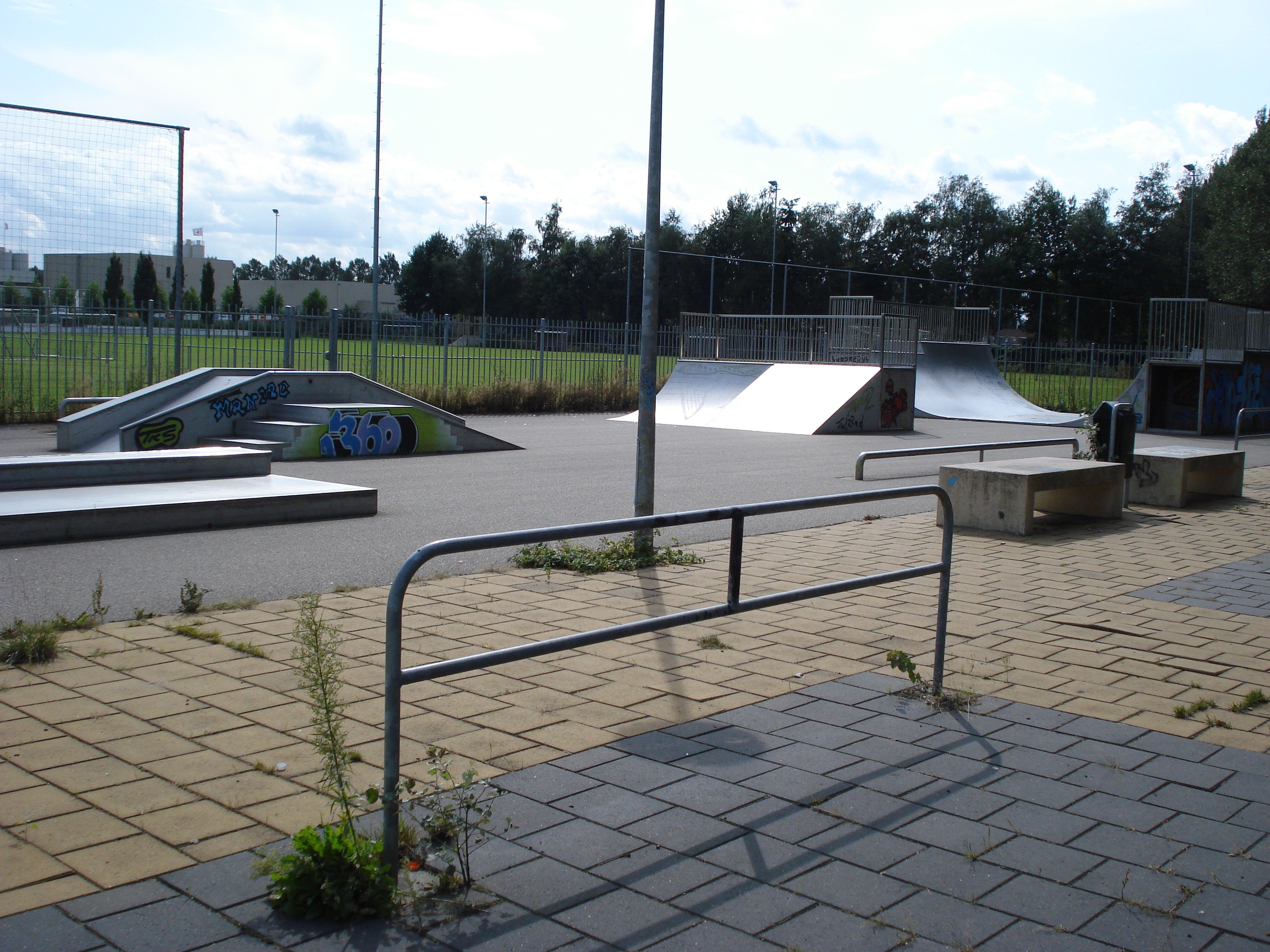 Ein Skate Park mit Rampen, Geländern, Pflanzen, Gras, Pfählen, Bäumen, Gebäuden und einem bewölkten Himmel im Hintergrund.