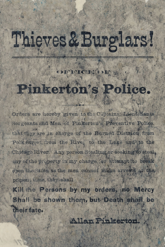 Ein Plakat mit fetter schwarzer Schrift, die 'Thieves & Burglars Pinkerton's Police' lautet, auf einem weißen Hintergrund, eingerahmt von einem schmalen schwarzen Rand.