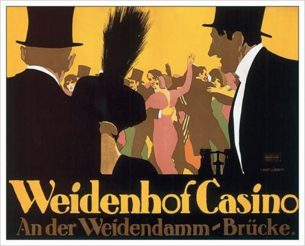 Ein Vintage-Plakat für das Weidenhof Casino in Brücke, Deutschland, mit tanzenden Figuren und markanter 'Weidenhof'-Schrift in einem schwarzen Rahmen.