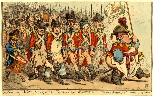 Cartoon of men in military uniforms marching down a street, some holding weapons, with text at the bottom reading "Supplementary Militia, turning out for twenty-days amusement".
