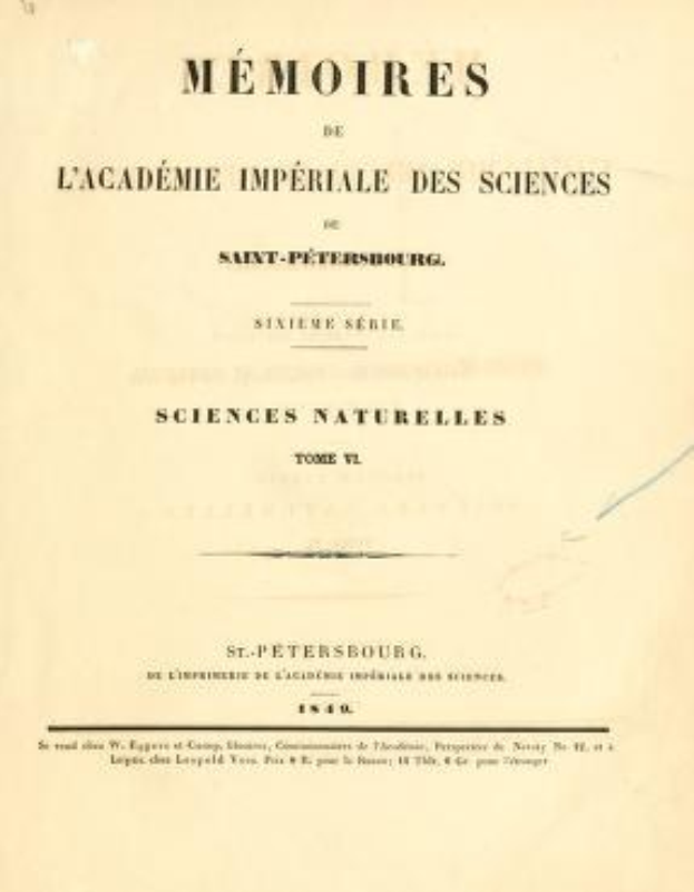 Altes Buch mit dem Titel "Mémoires de l'Académie Impériale des Sciences Naturelles, Tome 2" mit vergilbten Seiten und geschwungener Schrift.