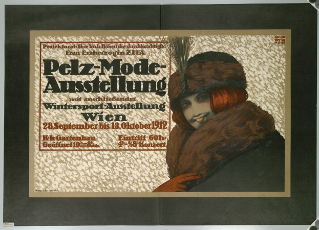 Plakat für Wintersportveranstaltung in Wien, Österreich mit einer lachenden Frau in einem Pelzmantel und Hut sowie Veranstaltungsdetails.