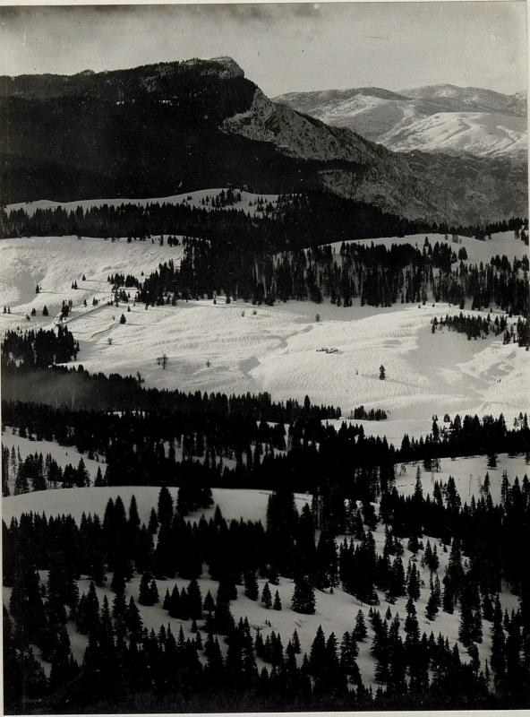 Schwarzes und weißes Foto einer schneebedeckten Gebirgskette mit Bäumen im Vordergrund und einem Himmel im Hintergrund, beschriftet mit "Sierra Nevada Ski Resort, California, USA" unten.