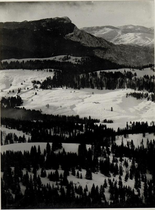 Schwarzes und weißes Foto einer schneebedeckten Gebirgskette mit Bäumen im Vordergrund und einem Himmel im Hintergrund, beschriftet mit "Sierra Nevada Ski Resort, California, USA" unten.