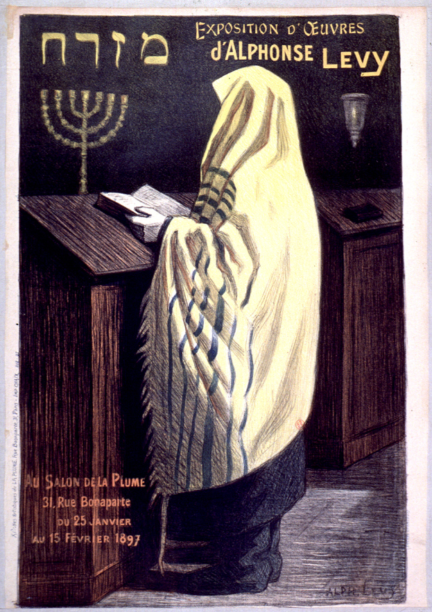 Plakat f├╝r eine j├╝dische Ausstellung in Paris, das eine Person vor einem Tisch mit einem Buch und einer Menora zeigt, zusammen mit Ausstellungseinzelheiten.