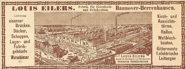 Eine alte Werbung für die Louis Eilers Hannover-Herrenhausen-Fabrik, die das Fabrikgebäude mit einem Textüberblatt zeigt.
