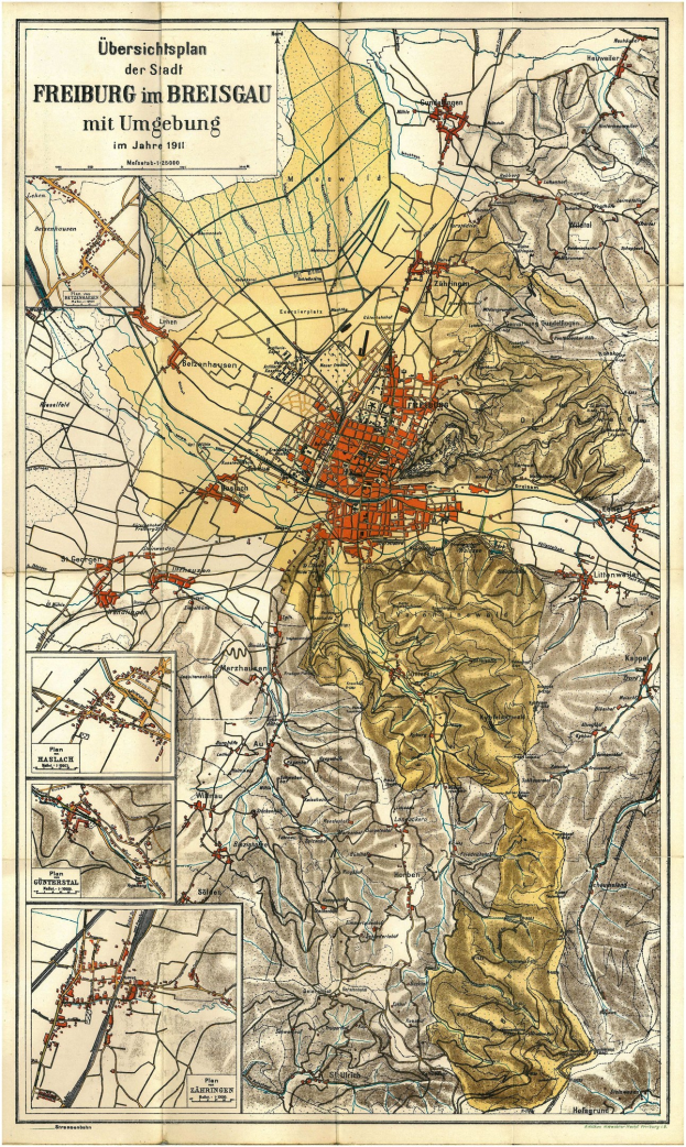 Ein detaillierter alter Stadtplan von Freiburg, Deutschland, der Straßen, Gebäude und Sehenswürdigkeiten zeigt, mit Text oben und unten.