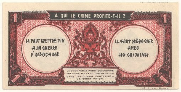 Alte französische Banknote mit ernst dreinschauendem Mann in Anzug vor weißem Hintergrund mit schwarzem Rand, Text lautet "A qui le crime profite-il?".