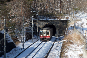 Ein Zug f√§hrt durch einen schneebedeckten Tunnel, umgeben von B√§umen und Stromm√§sten mit Dr√§hten, auf einer Eisenbahnschiene.