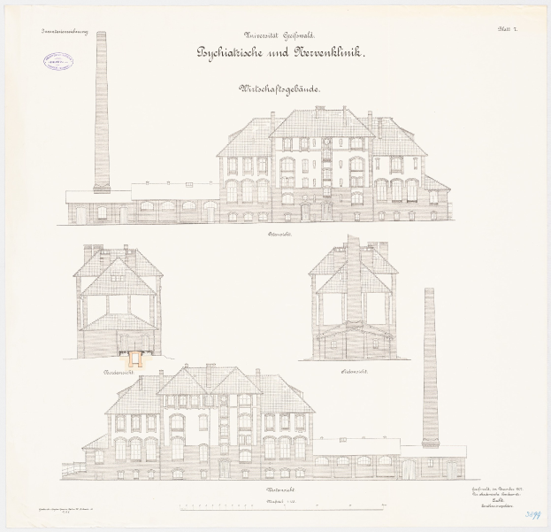 Eine handgezeichnete Skizze eines mehrstöckigen Gebäudes mit zahlreichen Fenstern und einem prominenten Schornstein, identifiziert als eine Psychiatrie in Deutschland, begleitet von teilweise sichtbarem Text auf dem Papier.