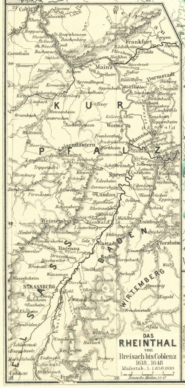 Alte Karte des Rheins in Deutschland, die Flüsse, Städte und Gewässer zeigt mit Text oben und unten.