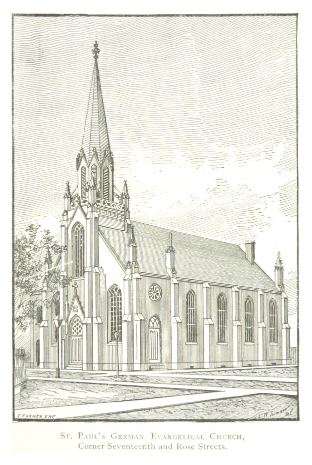 Eine Zeichnung der deutsch-evangelischen St. Paul's-Kirche mit einem Baum im Vordergrund und einem klaren blauen Himmel im Hintergrund, mit Text unten auf dem Bild.