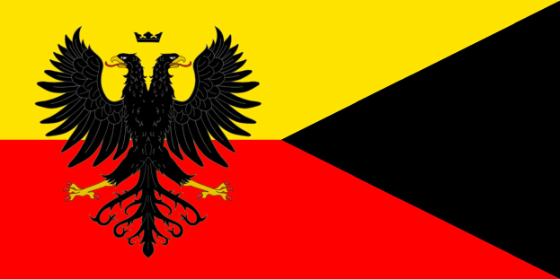 Horizontaler Trikolore-Flagge Deutschlands mit roten, gelben und schwarzen Streifen, mit einem schwarzen Doppeladler mit ausgebreiteten Flügeln in der Mitte.