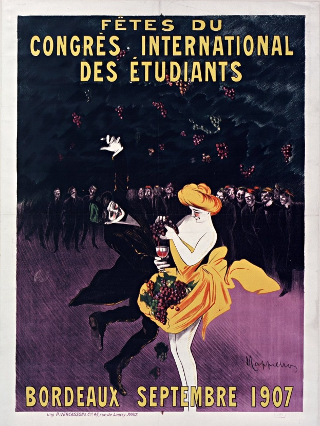 Ein Vintage-Plakat, das eine Weinprobe im Jahr 1907 in Bordeaux, Frankreich, ankündigt, zeigt eine Frau in einem gelben Kleid mit einem Glas Wein in der Hand, umgeben von einer Gruppe von Menschen, mit beschreibendem Text.