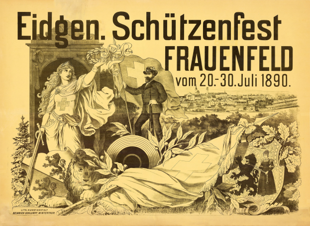Plakat zum Eidgen Schützenfest in Frauenfeld, Deutschland, mit einem Mann im Anzug und einer Frau im Kleid nebeneinanderstehend und Eventdetails.