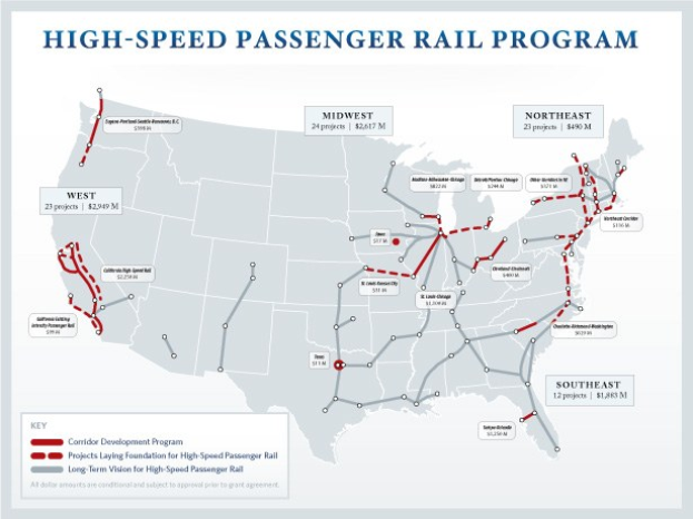 Ein Plakat, das eine detaillierte Karte des U.S.-amerikanischen Hochgeschwindigkeits-Personenverkehrsprogramms zeigt, einschließlich Routen und wichtiger Standorte, mit begleitendem Text über Zweck und Betrieb des Programms.