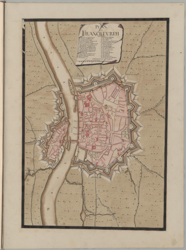 Ein altes Buch mit einer detaillierten Karte von Frankfurt, Deutschland, mit Straßen, Gebäuden und Sehenswürdigkeiten, begleitet von beschreibendem Text.