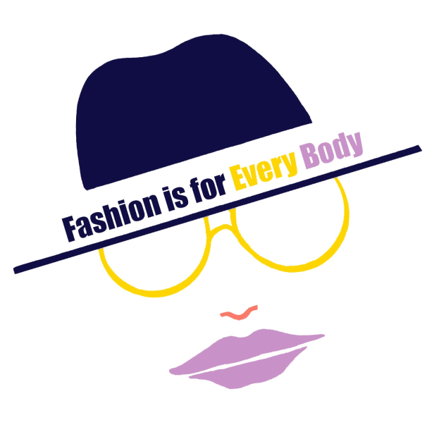 Logo mit einem stilisierten Gesicht und dem Text "Fashion is for Every Body" darunter, das die Inklusivität in der Mode betont.