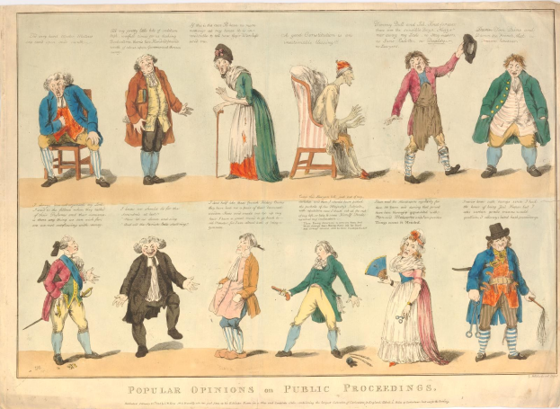 Zeitung mit Abbildungen von Menschen und handgeschriebenem Text, der die Meinungen der Oeffentlichkeit zusammenfasst.