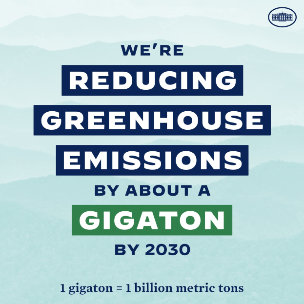 Plakat mit Text und Logo, das 'Wir reduzieren die Treibhausgasemissionen um etwa eine Gigatonne bis 2030' verkündet und sich für eine signifikante Reduzierung der Treibhausgasemissionen bis 2030 einsetzt.