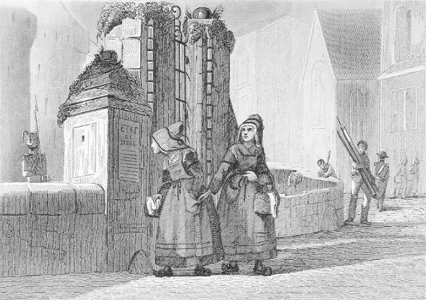 Schwarz-weißes Gravur von zwei Frauen, die vor einem Gebäude stehen, mit ein paar anderen Menschen im Hintergrund, betitelt "Victorian Women in the City of London".