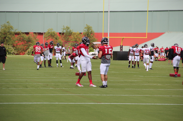 Gruppe von Menschen, die auf einem Rasenfußball spielen, mit Helmen und Stiefeln, umgeben von Bäumen, Pfosten, einer Wand und einem klaren blauen Himmel.