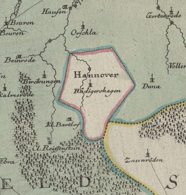 Alte detaillierte Karte von Hannover, Deutschland, mit Textanmerkungen, die geografische Merkmale, Bevölkerung, Straßen und Sehenswürdigkeiten zeigen.