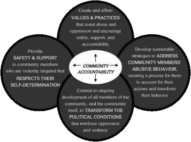 Ein Kreis mit den Wörtern "Gemeinschaftliche Rechenschaft" in der Mitte, umgeben von drei sich überschneidenden Kreisen, die durch Pfeile verbunden sind, alles in fetter, heller und leuchtender Farbe.