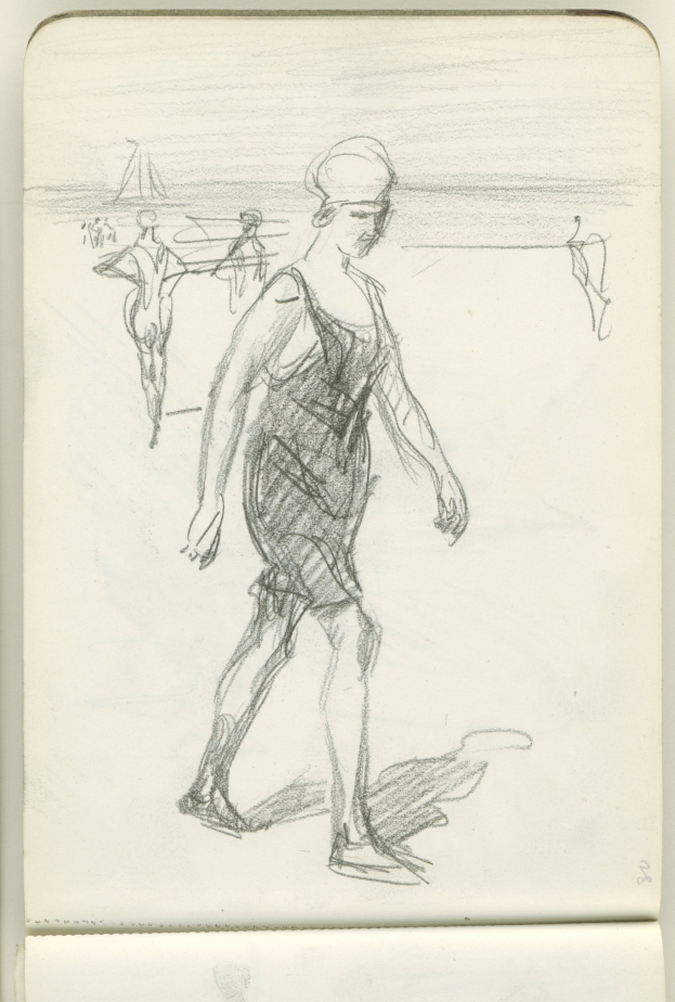 Eine Skizze einer Frau in einem langärmeligen Kleid mit einem hohen Kragen, die am Strand bei Sonnenuntergang geht.