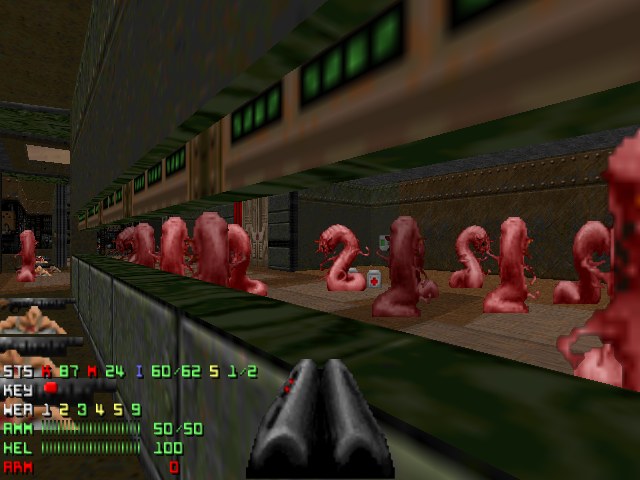Ein Screenshot aus *Doom II*, der mehrere animierte Zombies in einem Raum zeigt, mit einer Waffe unten und Spielstatistiken auf der linken Seite.