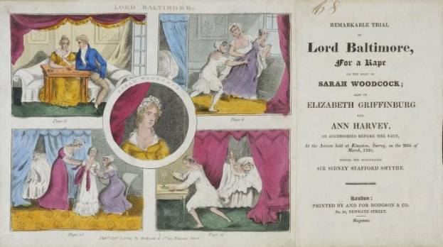 Ein historisches Prozessdokument zeigt eine Gerichtsszene mit Porträts, Vorhängen und handgeschriebenem Text.