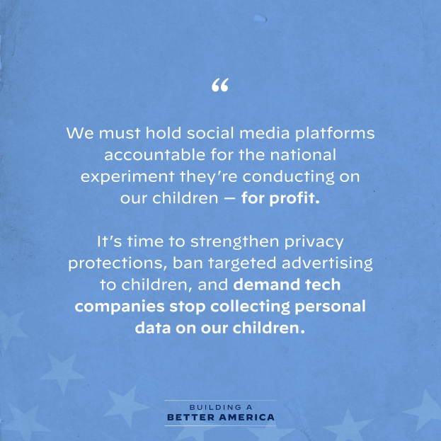 Ein Plakat mit einem Zitat aus "Building a Better America", das besagt: "Wir müssen Social-Media-Plattformen für das nationale Experiment zur Verantwortung ziehen, das sie an unseren Kindern durchführen - zum Profit.", dekoriert mit Sternen.