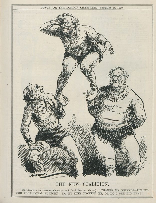 Ein historisches politisches Cartoon mit dem Titel "The New Coalition" aus Punch, oder der London Charivari, datiert auf den 18. Februar 1920, das drei besorgte Figuren zeigt, wobei die mittlere Figur ihre Arme in Verzweiflung erhebt.