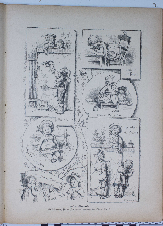 Ein aufgeschlagenes Buch auf einer flachen Oberfläche zeigt eine farbenfrohe Illustration von Kindern verschiedenen Alters und Geschlechts, die fröhlich in einem üppigen grünen Garten mit Bäumen und Sträuchern spielen.