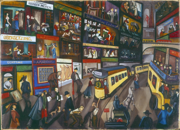 Ein Gemälde, das eine belebte Stadtstraße mit Menschen, Fahrzeugen, Gebäuden und verschiedenen Geschäften zeigt.