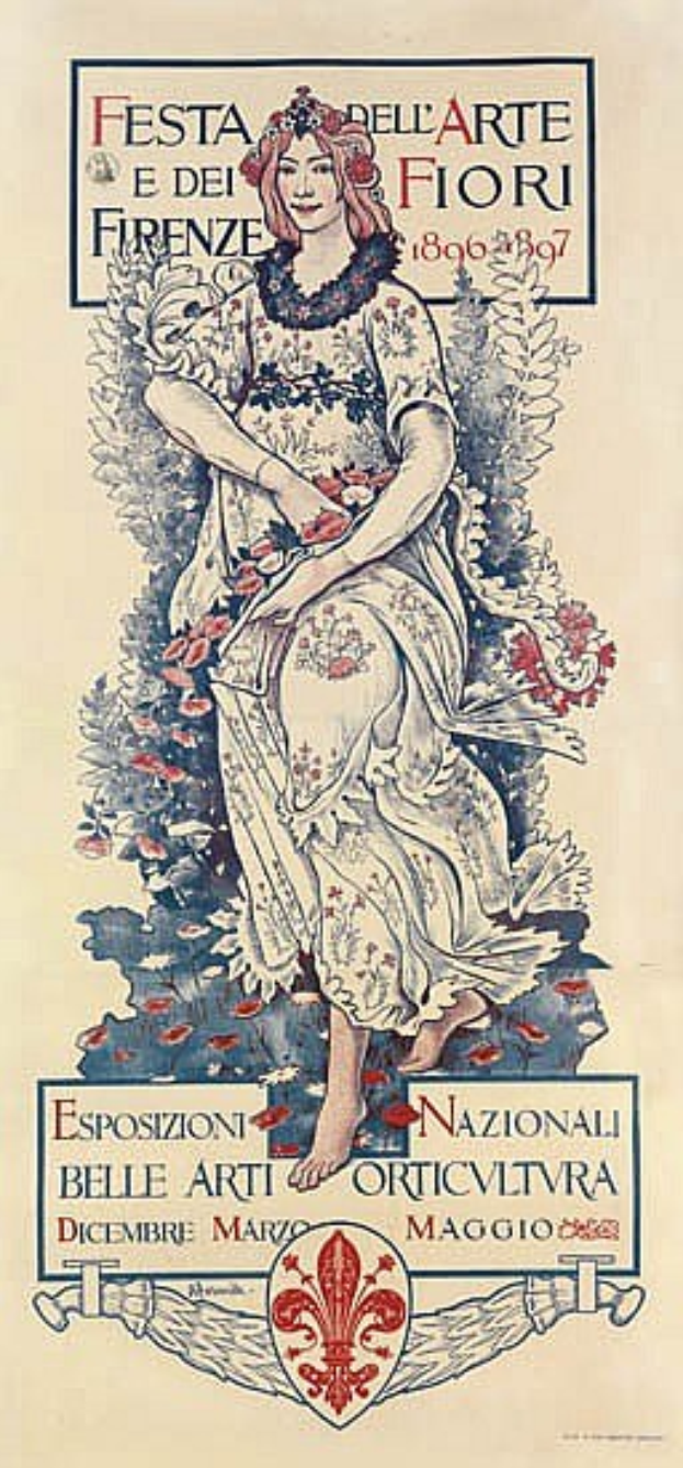 Plakat für ein italienisches Festival, das eine Frau in einem langen weißen Kleid mit hohem Kragen und einem Dutt zeigt, vor einem hellblauen Hintergrund mit fetter schwarzer Schrift.