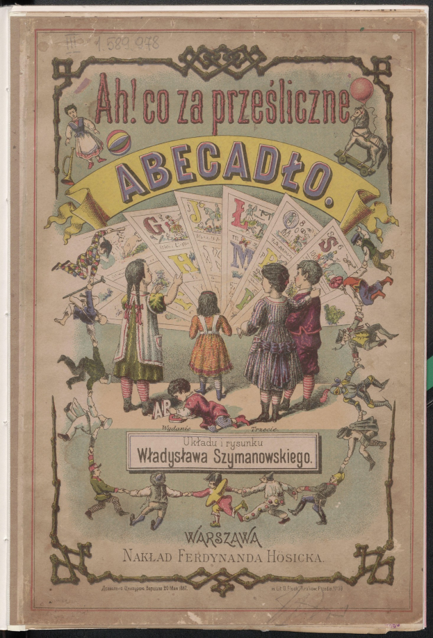 Alte Buchumschlagabbildung von Kindern beim Kartenspielen, auf einer flachen Oberfläche platziert.